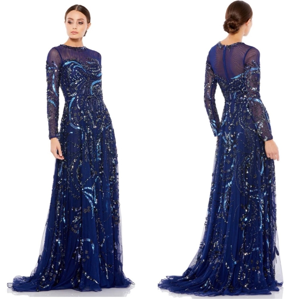 Mac Duggal Navy Blue Sequined Long Sleeve Evening Gown